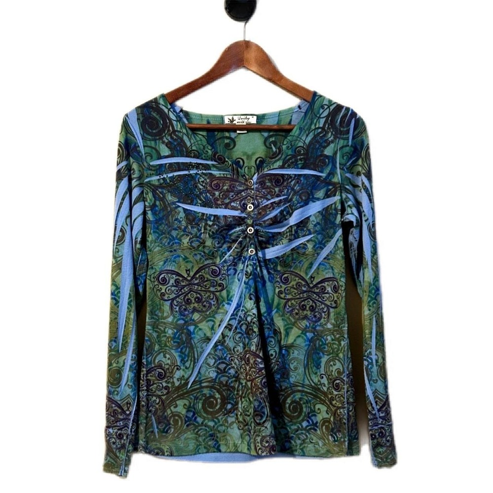 Tattoo Print Green Long Sleeve Top Unity World Rhinestone Graphic Medium